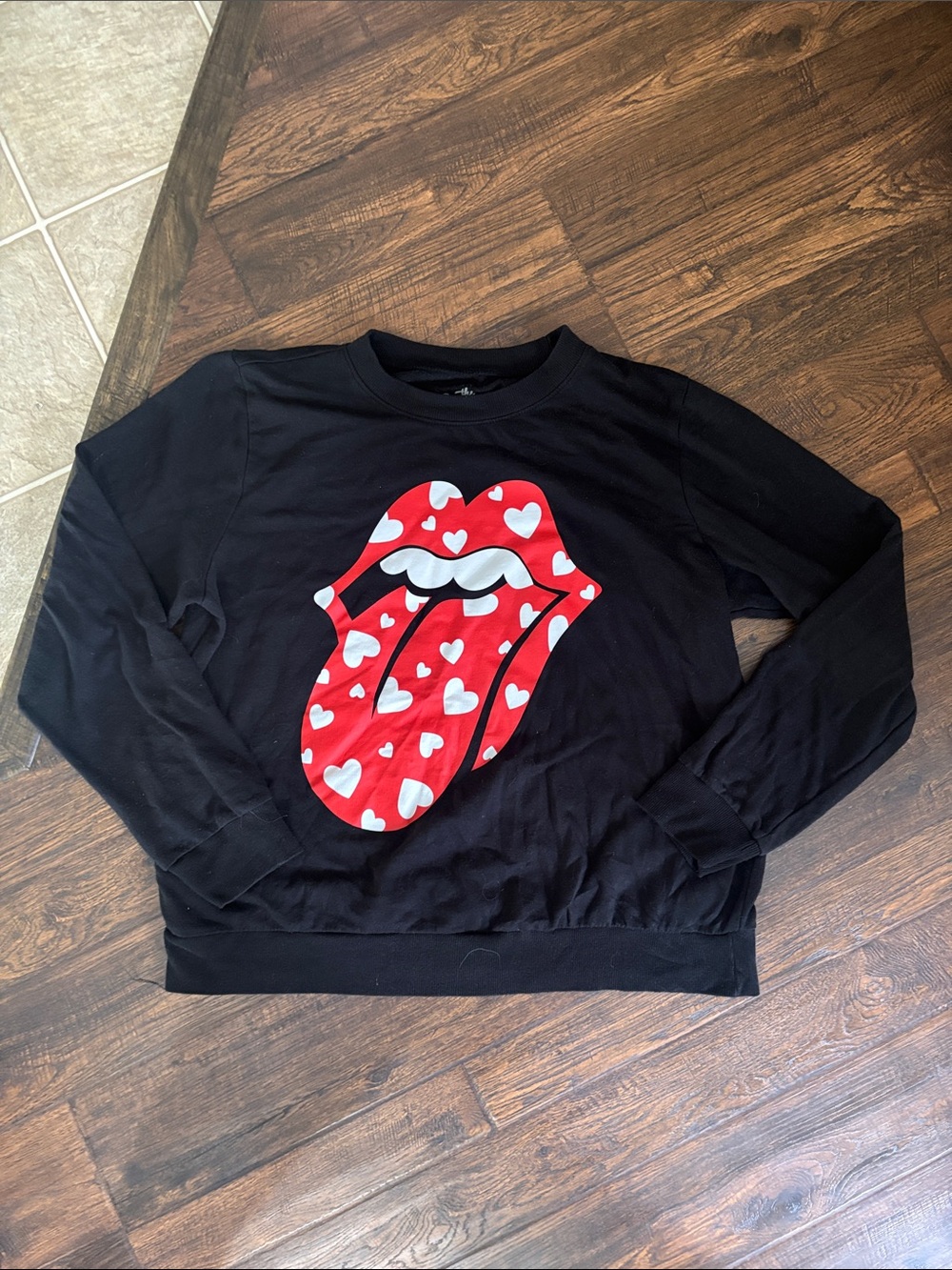 The Rolling Stones Black Sweatshirt with Red Heart Tongue Graphic